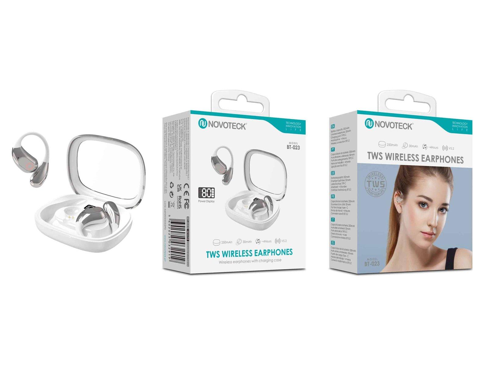 Auriculares Bluetooth TWS Branco BT-023 – Com Gancho de Orelha, Estojo com Espelho e Display LED, Bluetooth 5.2