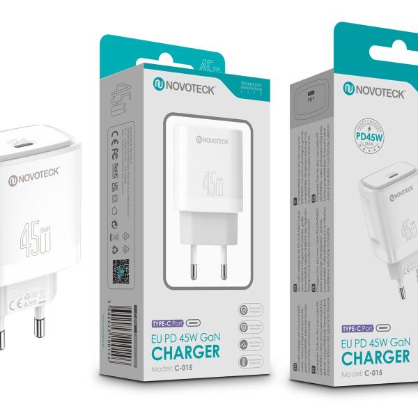 Carregador Rápido NOVOTECK C-015 EU PD 45W GaN - Compatível com USB-C, Portátil e Potente,Branco