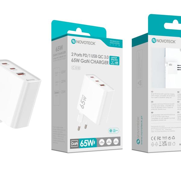 Carregador GaN PD 65W NOVOTECK C-018 Type-C 65w/Type-C 20w/Usb 20w