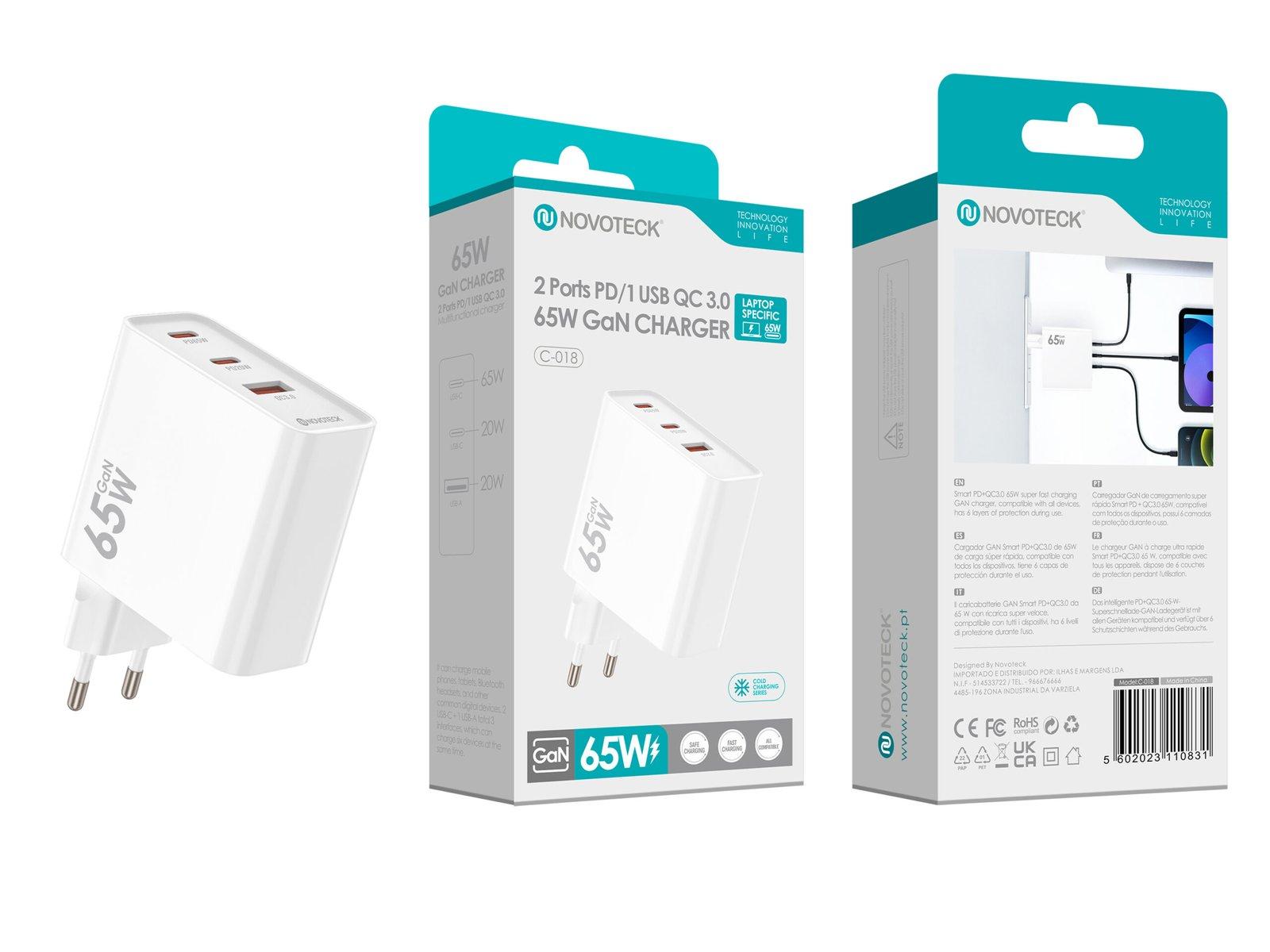 Carregador GaN PD 65W NOVOTECK C-018 Type-C 65w/Type-C 20w/Usb 20w