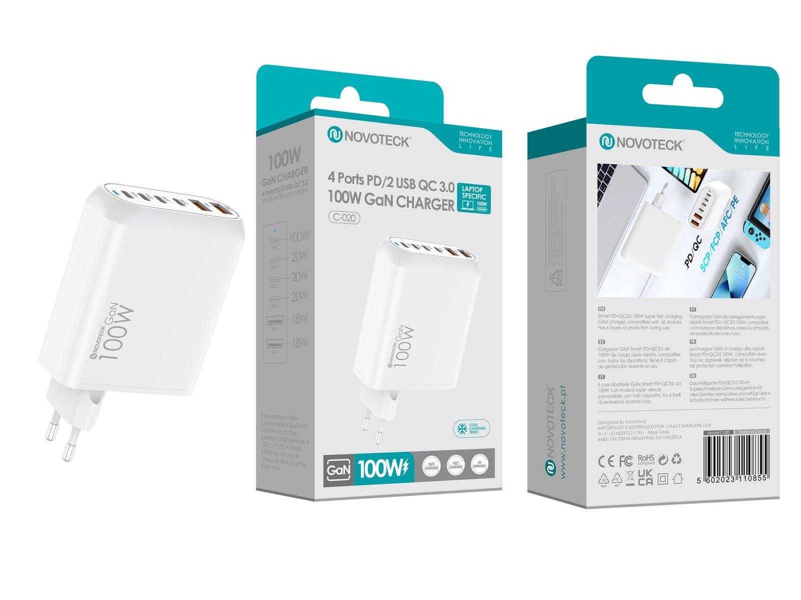 Carregador GaN PD 100W TYPE-CX4 + USBX2 NOVOTECK C-020