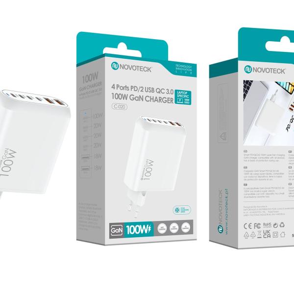 Carregador GaN PD 100W TYPE-CX4 + USBX2 NOVOTECK C-020