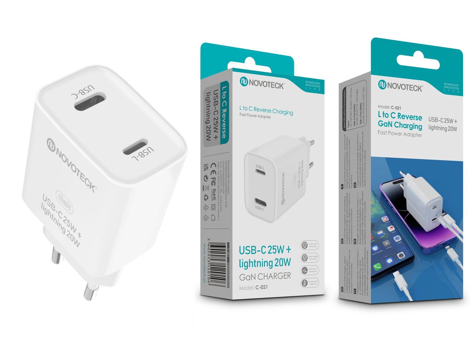 Carregador GaN NOVOTECK C-021 – USB-C 25W + Lightning 20W, Tecnologia PD