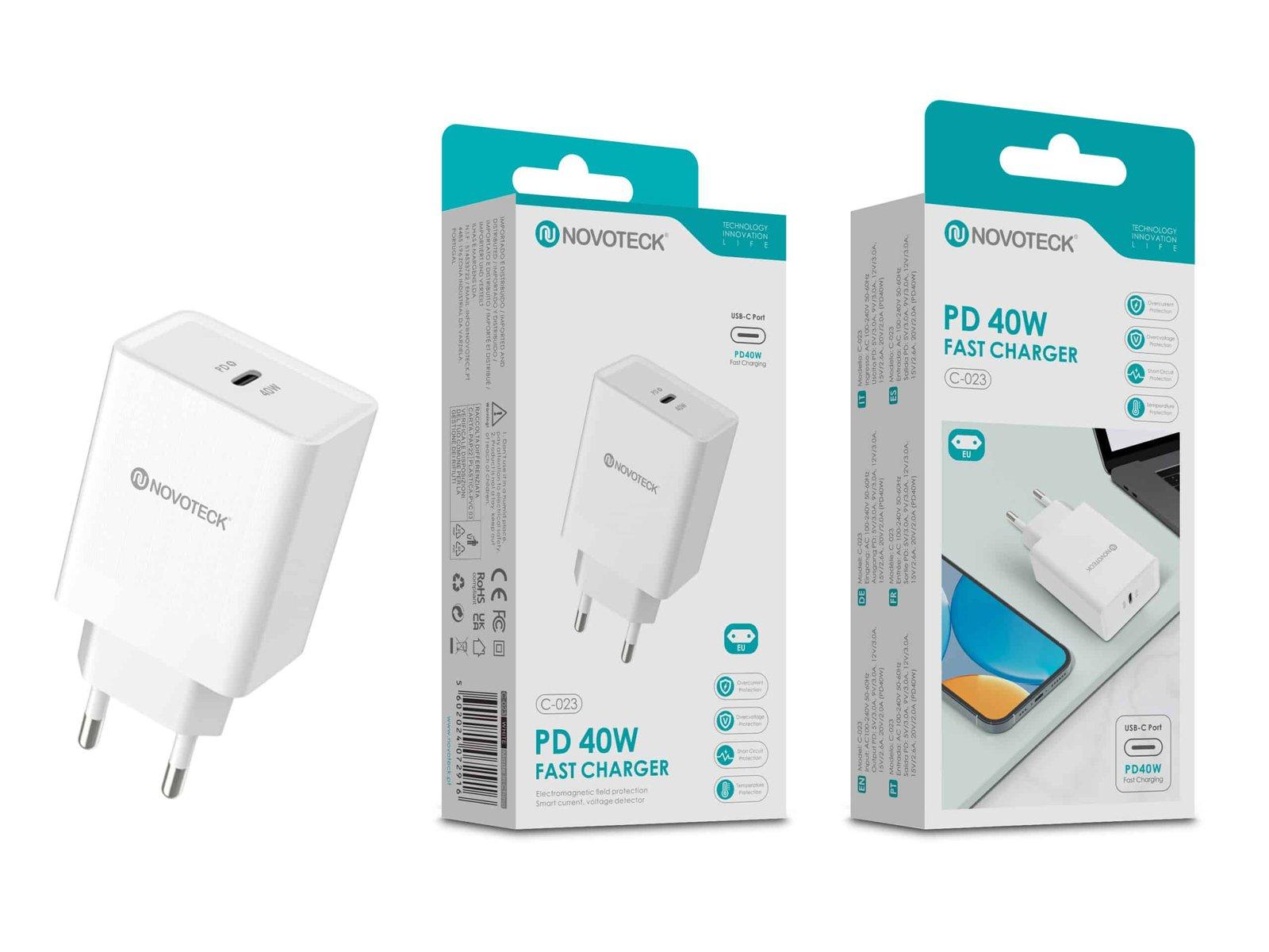 Carregador Rápido USB-C Branco C-023 – 40W PD, Compacto e Seguro para Smartphones, Tablets e Laptops