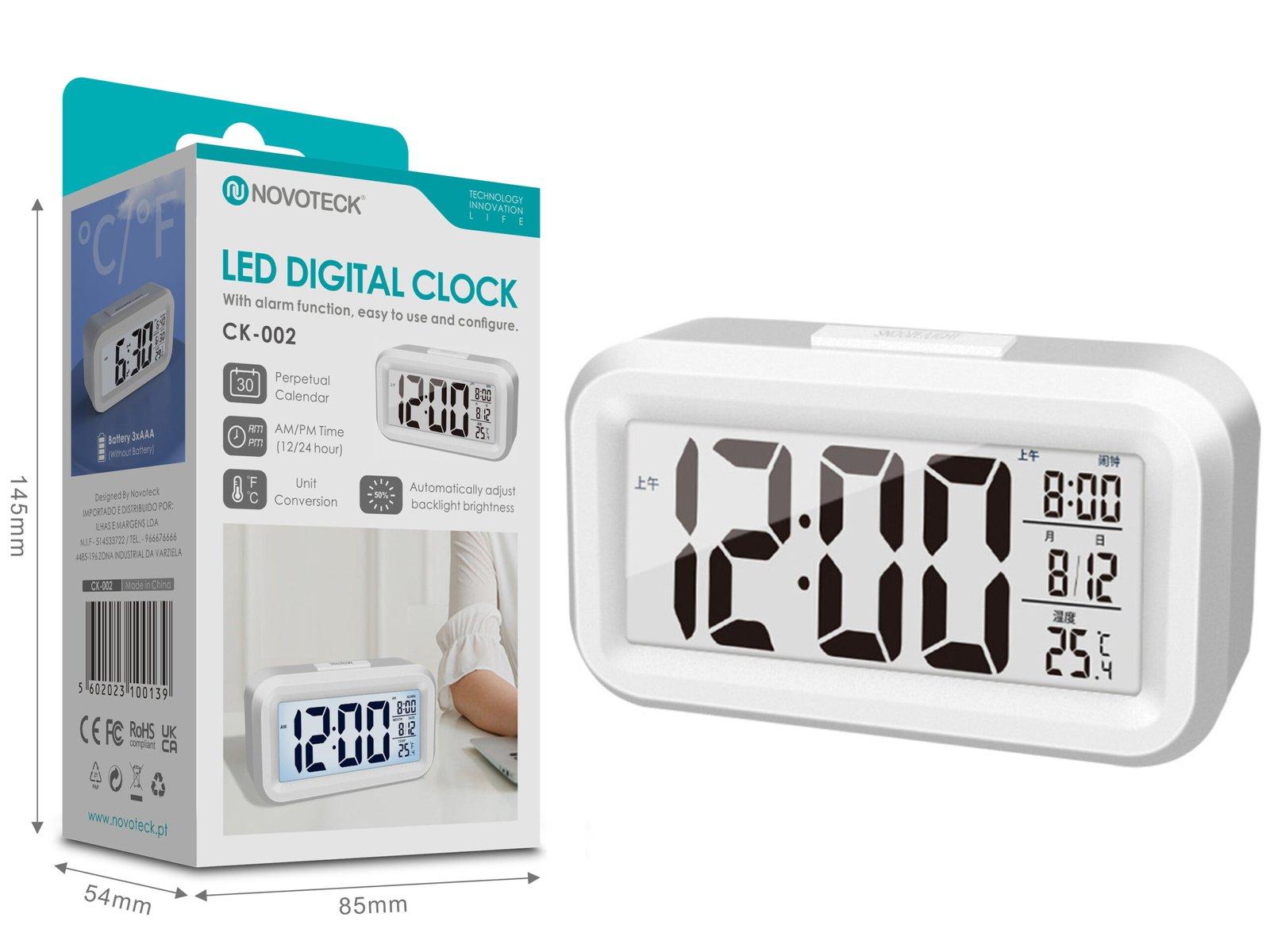 Relógio Digital LED NOVOTECK CK-002 Branco com Calendário, Alarme e Indicador de Temperatura