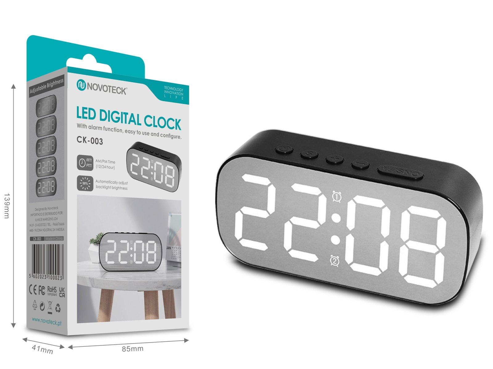 Relógio Digital LED NOVOTECK CK-003 com Alarme e Brilho Ajustável - Design Moderno e Interface de Fácil Utilização