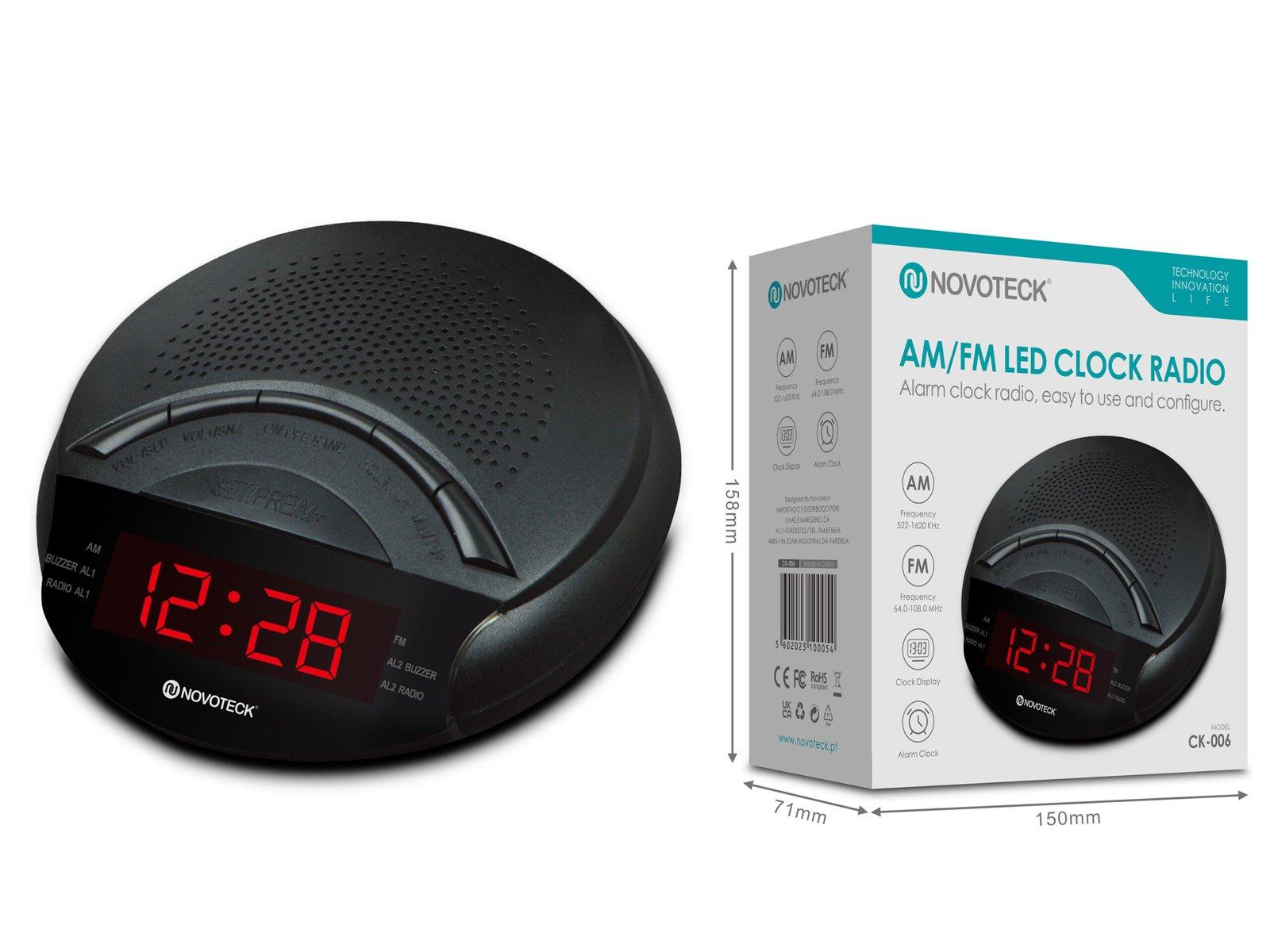 Rádio Relógio AM/FM NOVOTECK CK-006 com LED e Duplo Alarme – Acordar com Música ou Buzzer