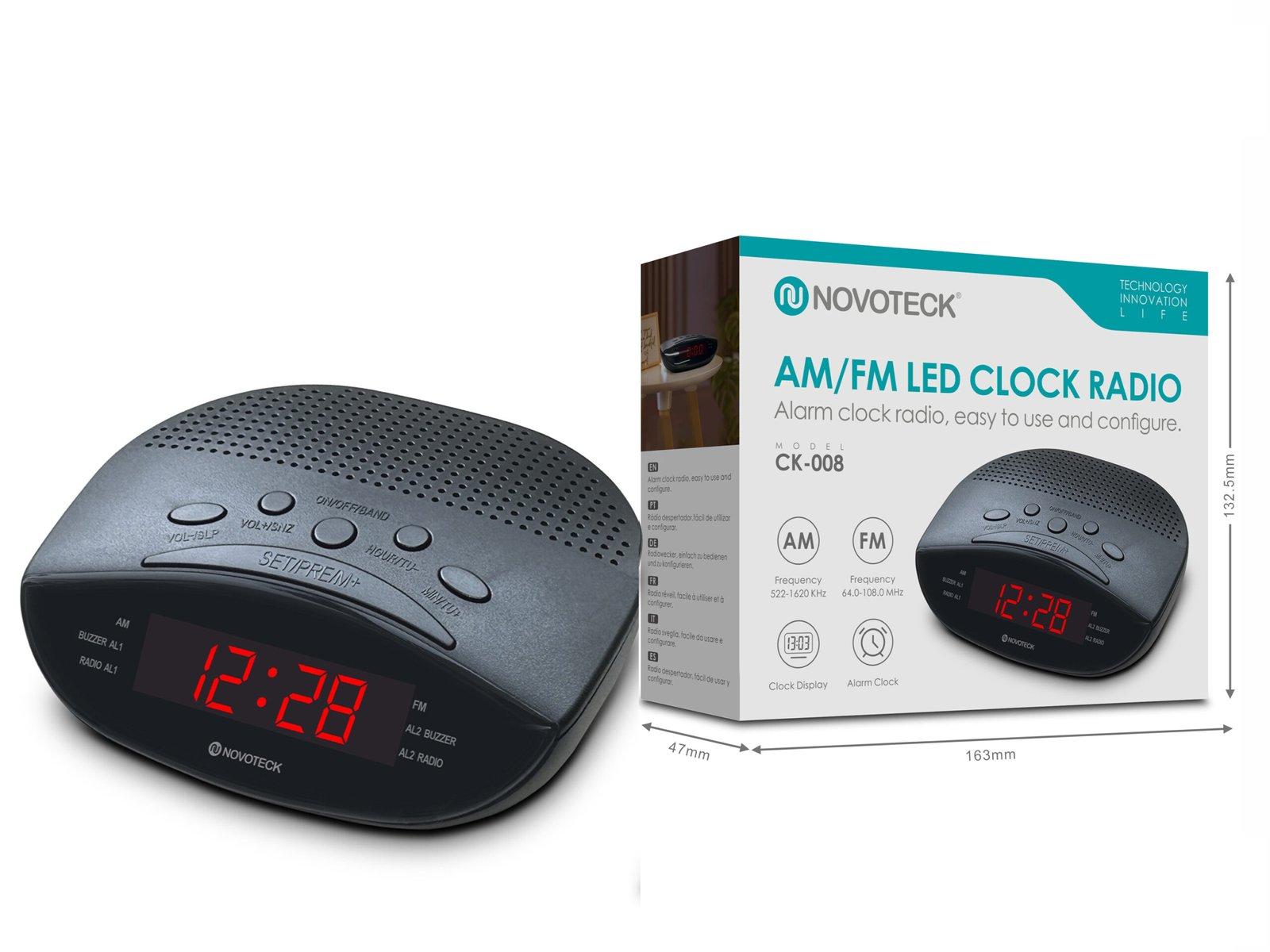 Rádio Relógio LED AM/FM NOVOTECK CK-008 com Alarme Duplo e Display Fácil de Ler - Prático e Compacto