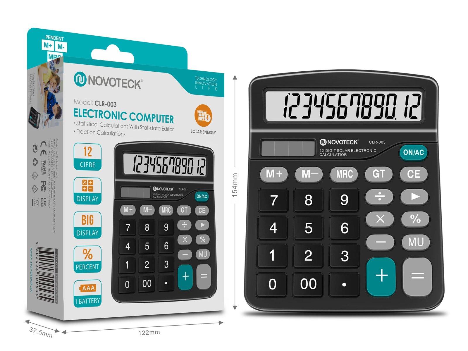 Calculadora Eletrônica Solar NOVOTECK CLR-003 com Display de 12 Dígitos e Energia Solar