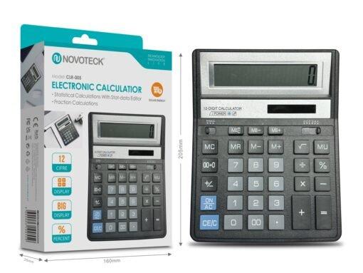Calculadora Eletrônica de Mesa NOVOTECK CLR-005 – Display de 12 Dígitos com Funções Solares e Estatísticas