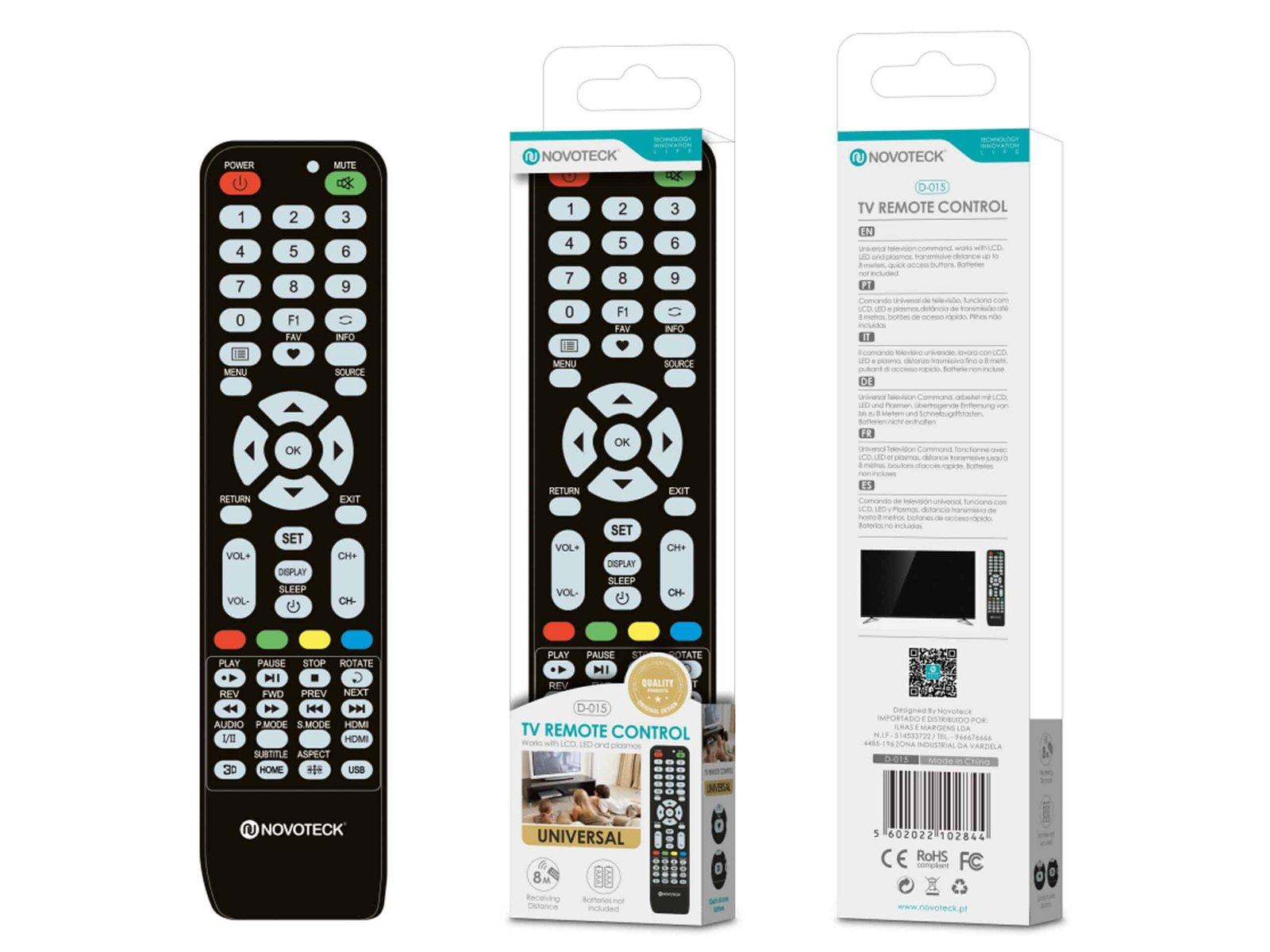 Controle Remoto Universal Multifunções Novoteck D-015 - Compatível com Diversos Dispositivos e Funções de Reprodução