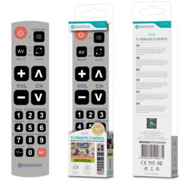 Controle Remoto Universal com Botões Grandes Novoteck D-018 – Ideal para Idosos e Visão Limitada – Compatível com Diversas Marcas