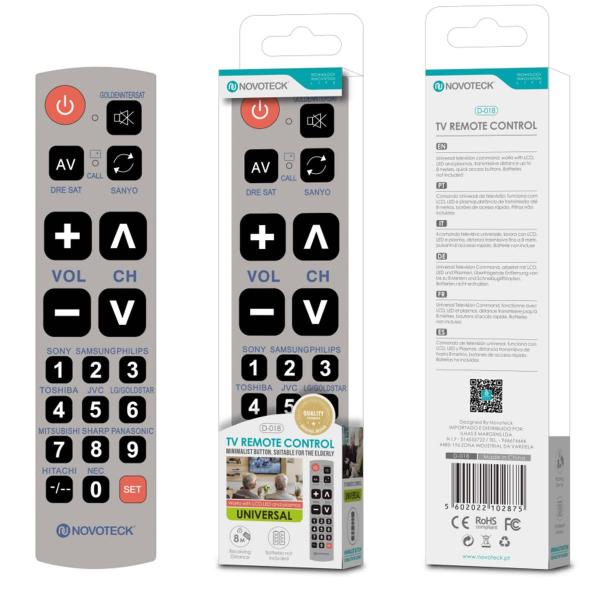 Controle Remoto Universal com Botões Grandes Novoteck D-018 - Ideal para Idosos e Visão Limitada - Compatível com Diversas Marcas