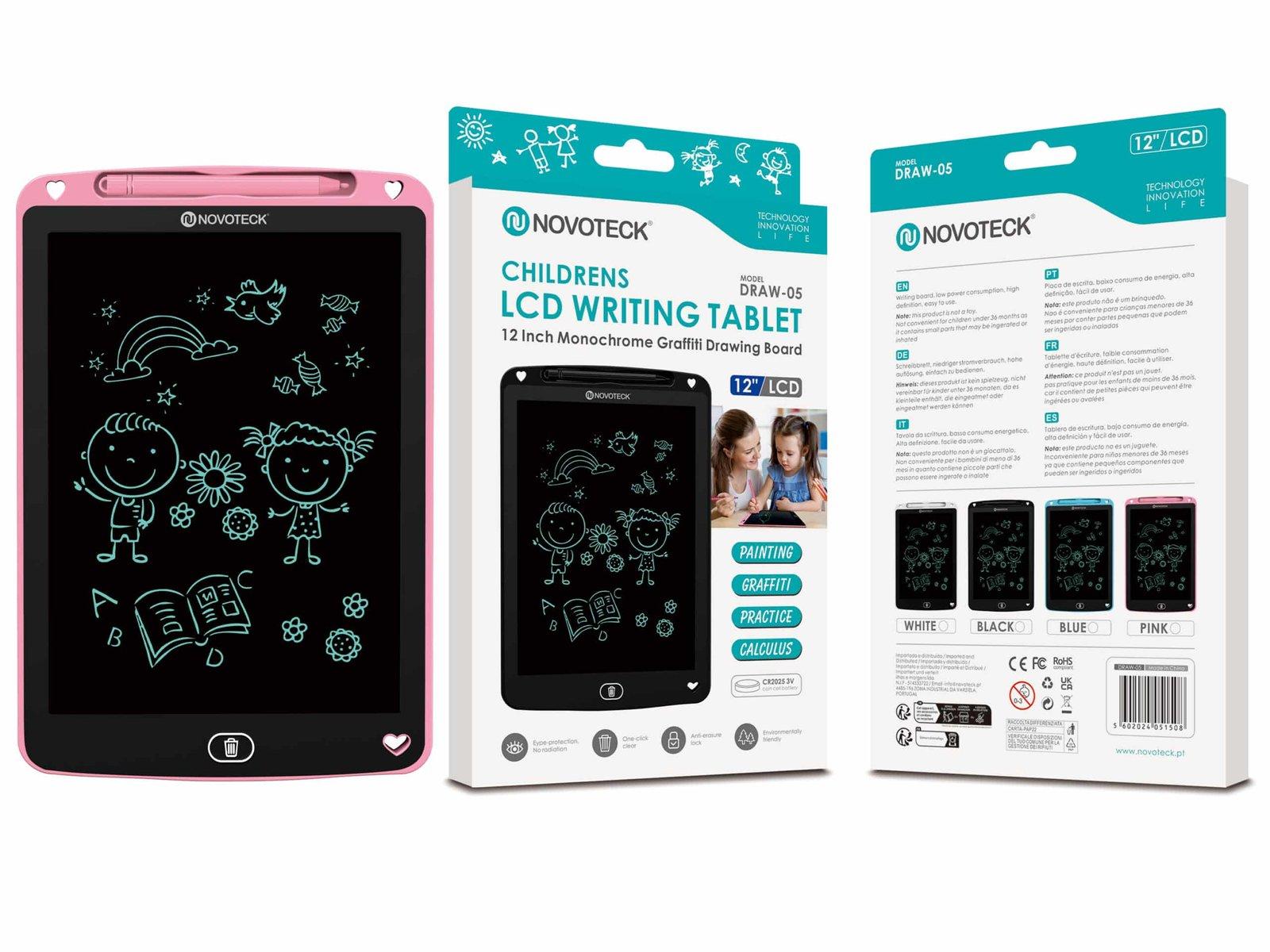 Tablet de Escrita LCD para Crianças - 12'' Polegadas, DRAW-05 Rosa