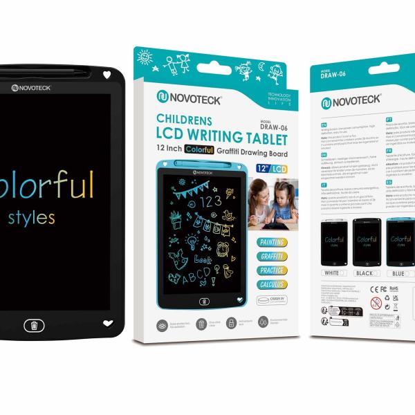 Tablet de Escrita LCD Colorido para Crianças - 12'' Polegadas, DRAW-06 Negro