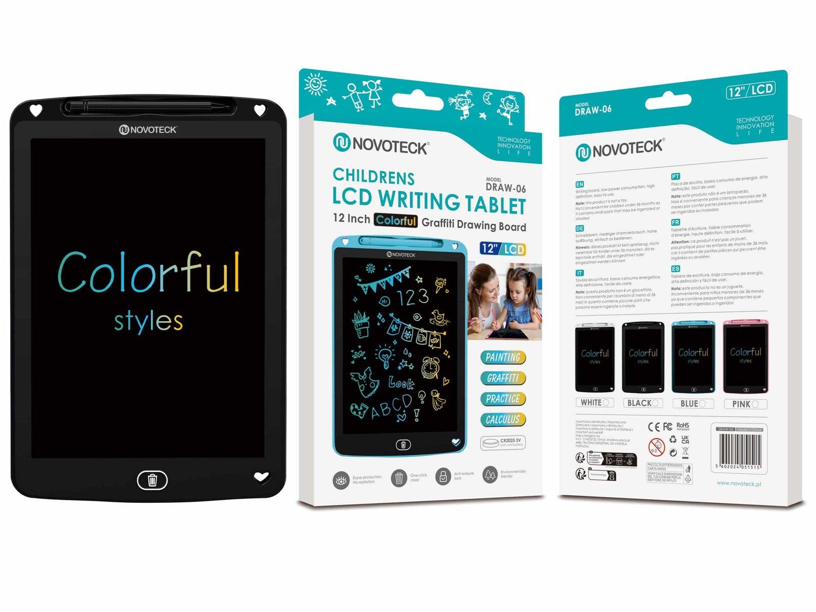 Tablet de Escrita LCD Colorido para Crianças - 12'' Polegadas, DRAW-06 Negro