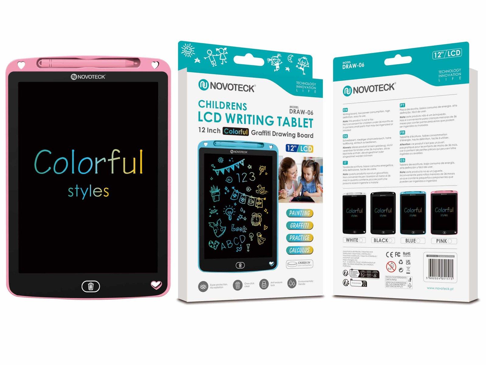 Tablet de Escrita LCD Colorido para Crianças - 12'' Polegadas, DRAW-06 Rosa