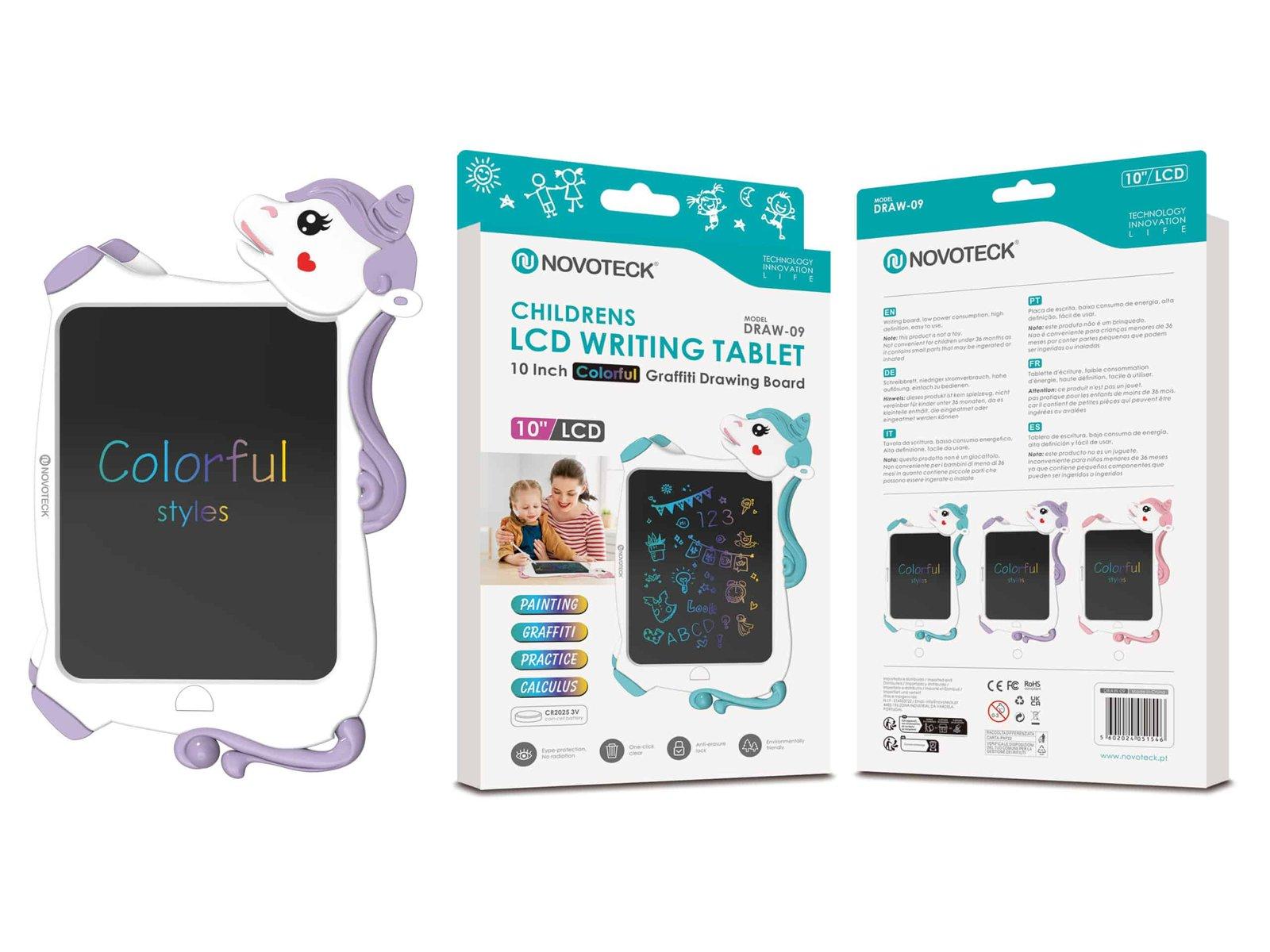 Tablet de Escrita LCD Infantil 10'' Polegadas - Ecrã Colorido, Design de Unicórnio Roxo DRAW-09