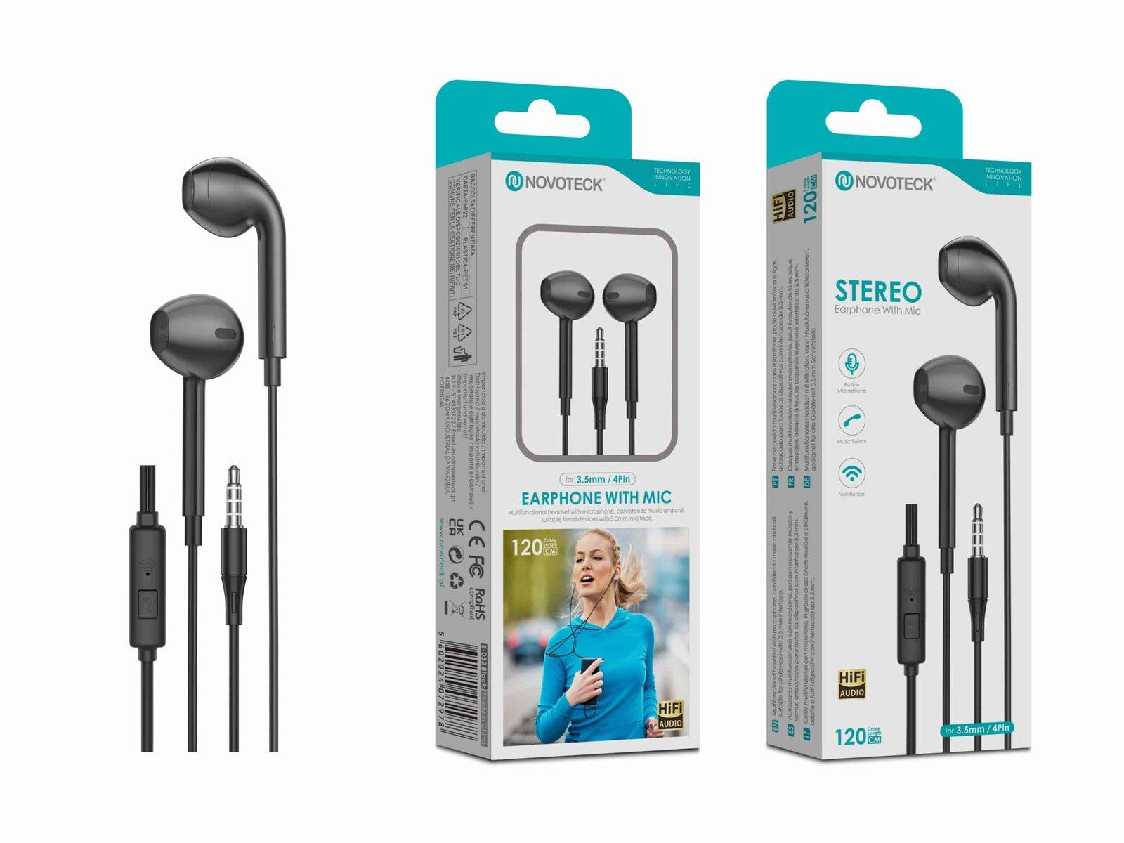 Auriculares Estéreo com Microfone Negro E-032 – Conexão 3.5mm, Áudio Hi-Fi