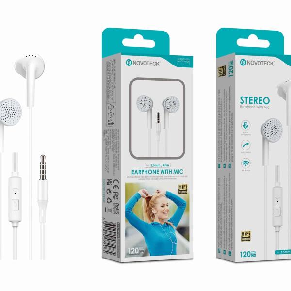Auriculares Estéreo Branco E-033 com Microfone – Jack 3.5mm, Hi-Fi Áudio, Cabo de 1,2m