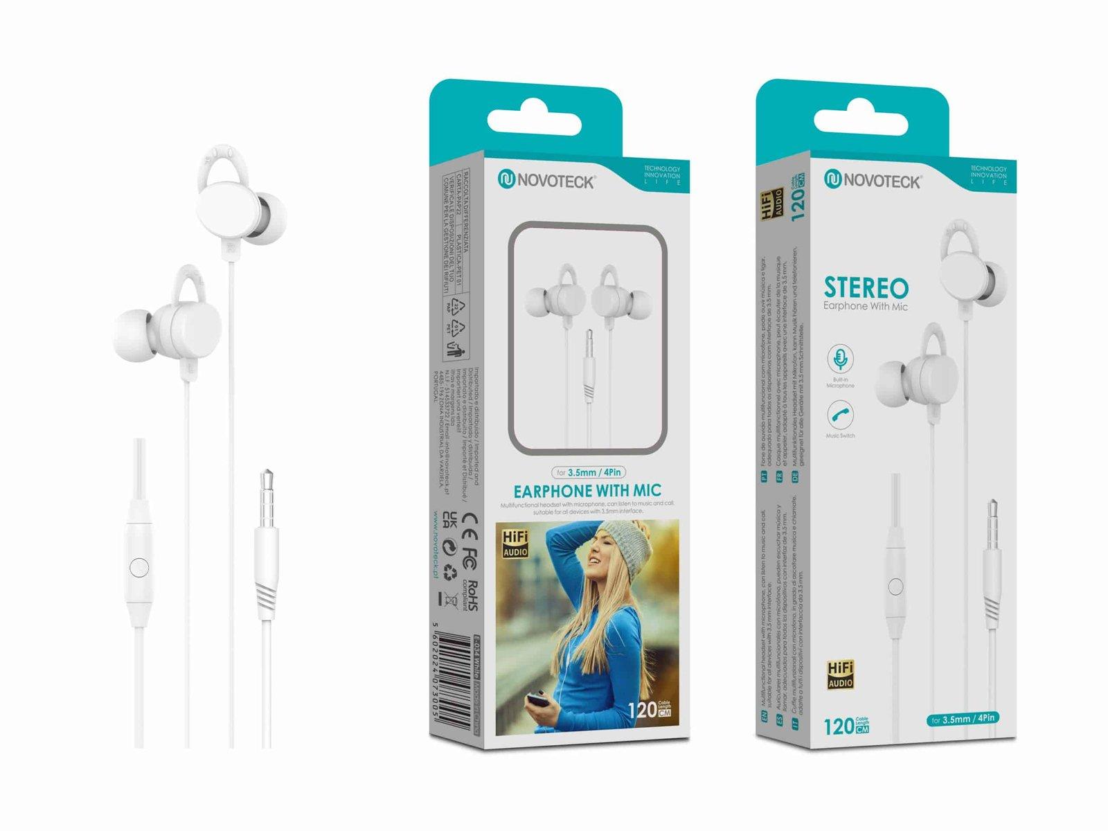 Auriculares Estéreo com Microfone Branco E-034 – Conexão 3.5mm, Áudio Hi-Fi