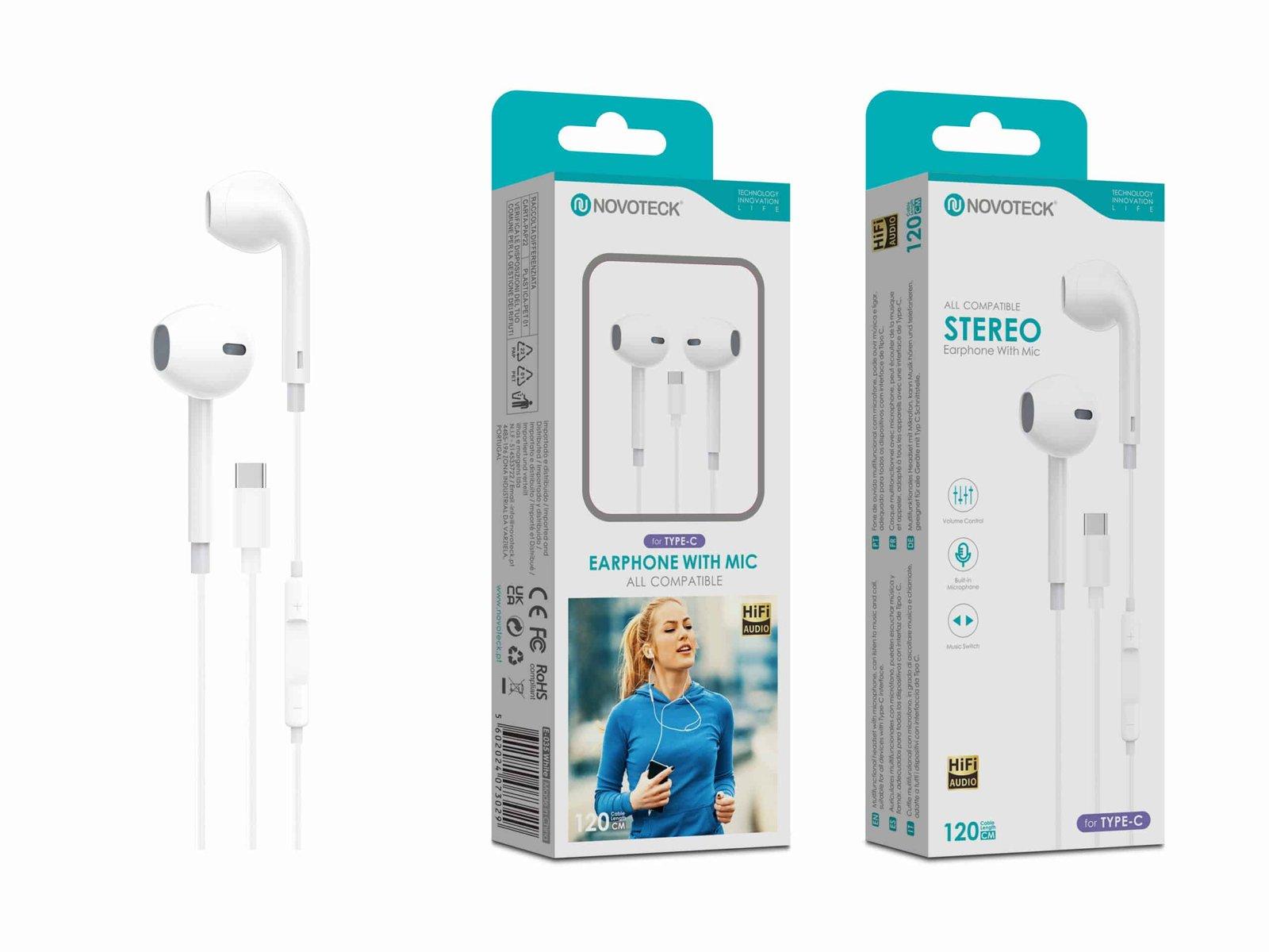 Auriculares Estéreo com Microfone Novoteck E-035 – Conexão USB-C, Áudio Hi-Fi