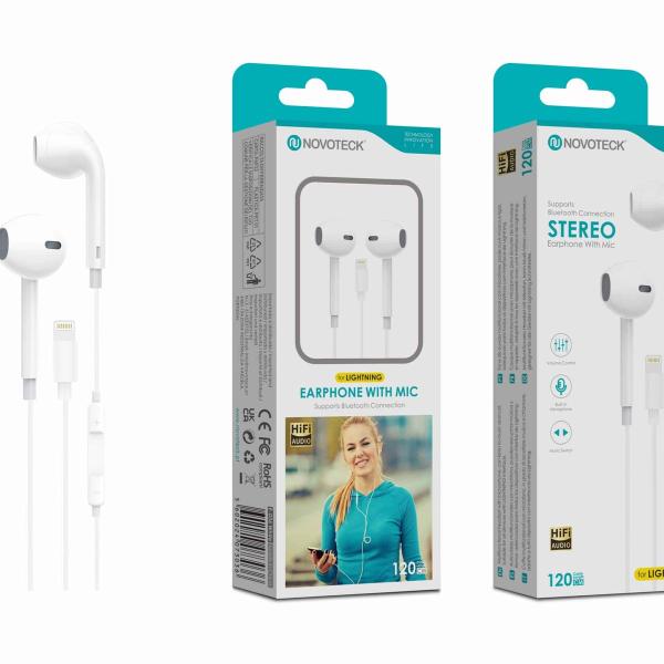 Auriculares Estéreo com Microfone Novoteck E-036 – Conexão Lightning, Áudio Hi-Fi