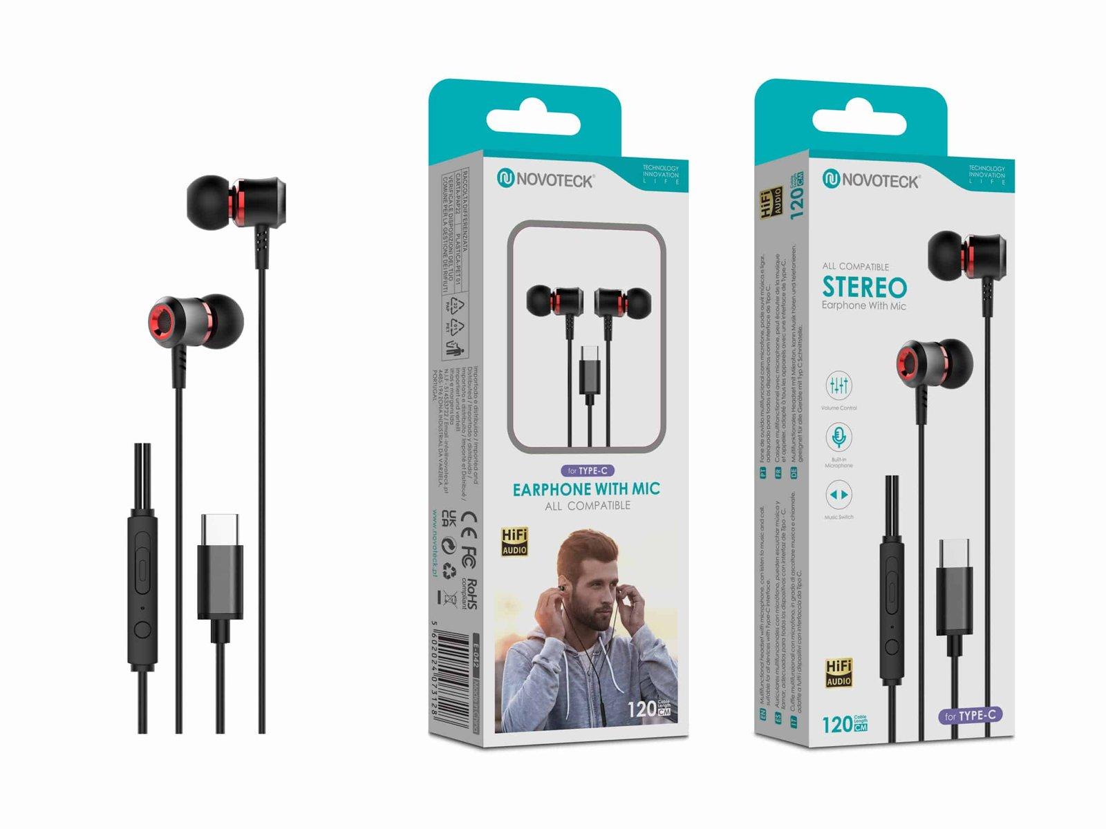 Auriculares Estéreo com Microfone Novoteck E-042 – Conexão USB-C, Áudio Hi-Fi