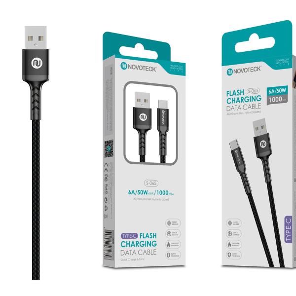 Cabo Type-C 6A 50W 1M Negro Durabilidade Nylon Trançado S-065