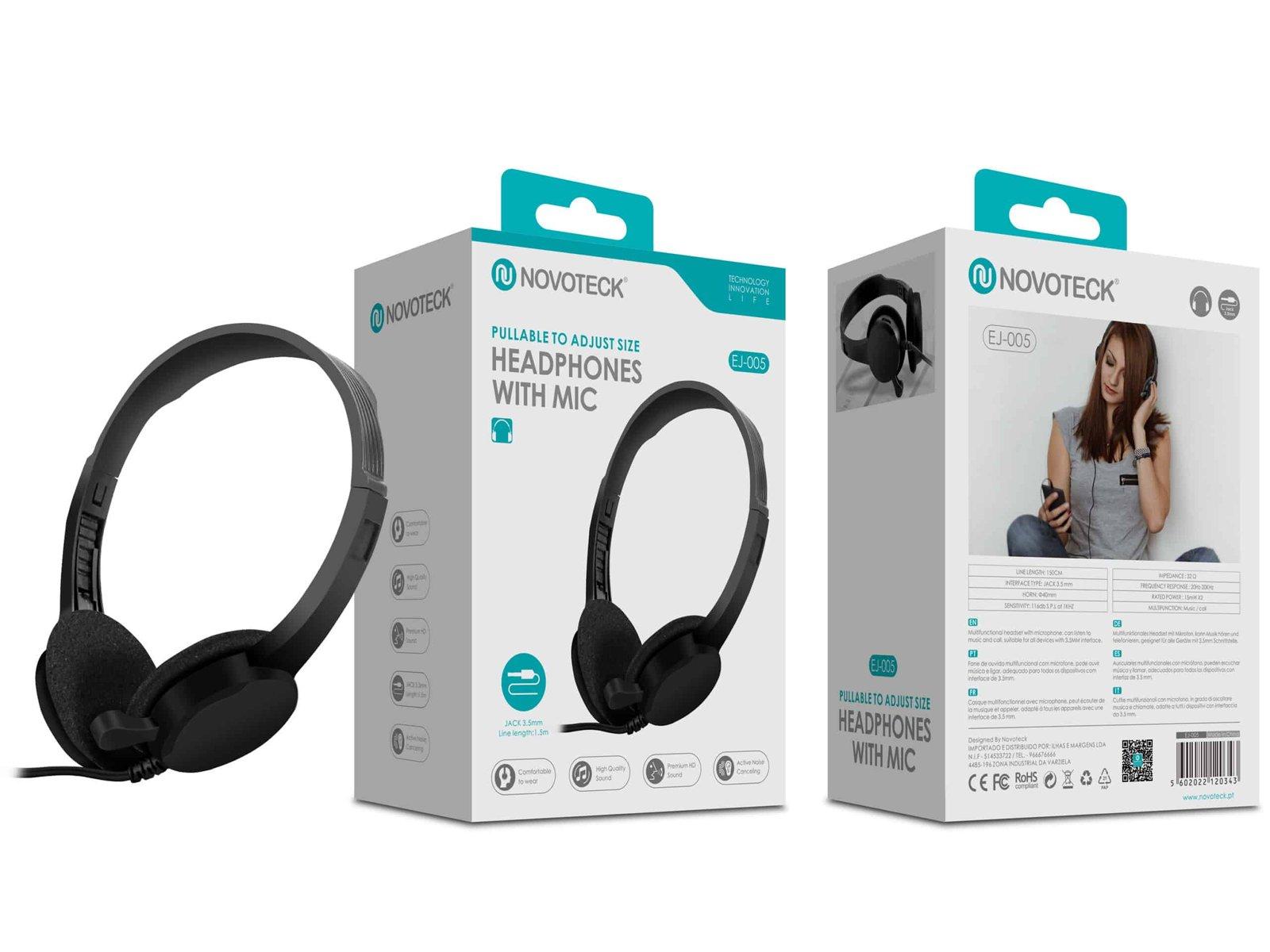 Auscultadores com Microfone NOVOTECK EJ-005 - Conforto Ajustável e Som de Qualidade