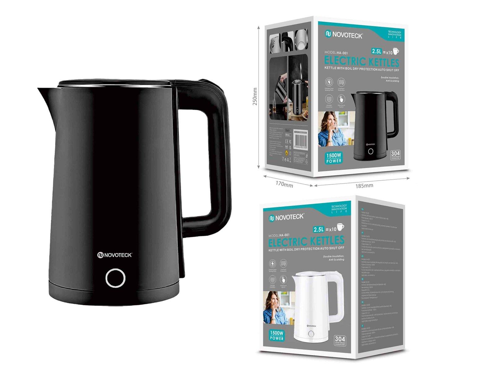 Chaleira Elétrica HA-001 Negro - 2,5L, 1500W, Aço Inoxidável, Proteção Contra Fervura a Seco