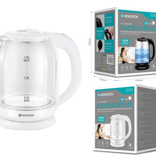 Chaleira Elétrica de Vidro HA-002 Branco - 1,8L, 1500W, Iluminação LED, Proteção Contra Fervura a Seco