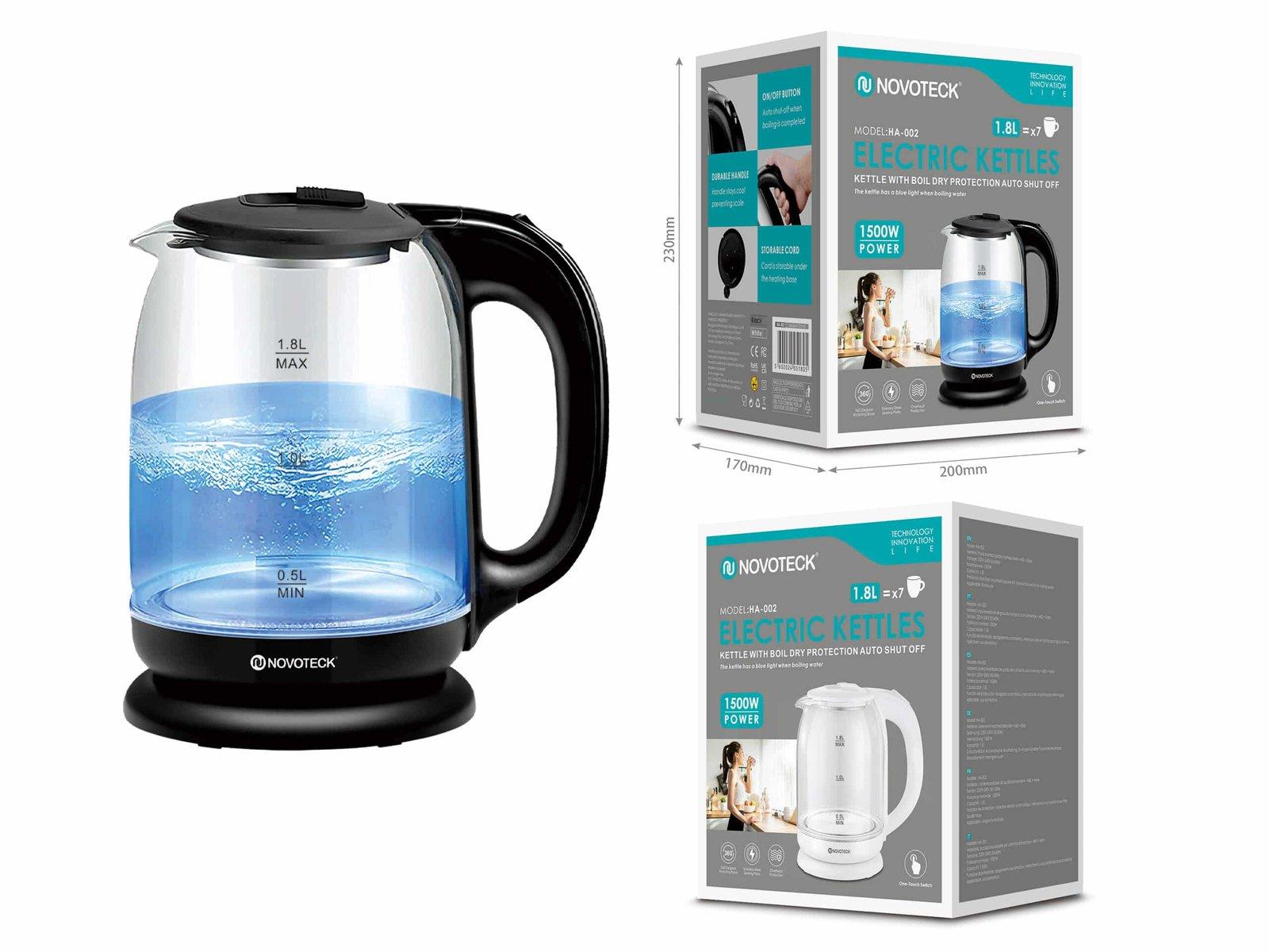 Chaleira Elétrica de Vidro HA-002 Negro - 1,8L, 1500W, Iluminação LED, Proteção Contra Fervura a Seco