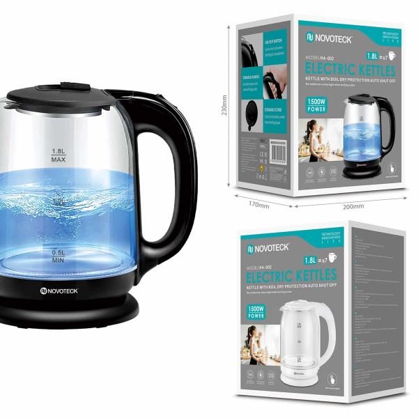 Chaleira Elétrica de Vidro HA-002 Negro - 1,8L, 1500W, Iluminação LED, Proteção Contra Fervura a Seco