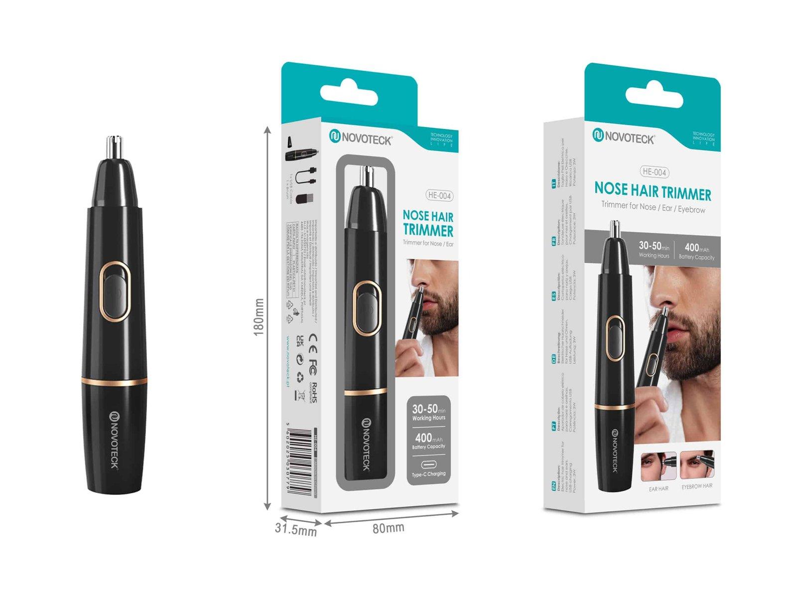 Aparador de Pêlos Nasais Novoteck HE-004 – Recarregável USB-C, Para Nariz, Orelhas e Sobrancelhas, 400mAh, 30-50h de Autonomia