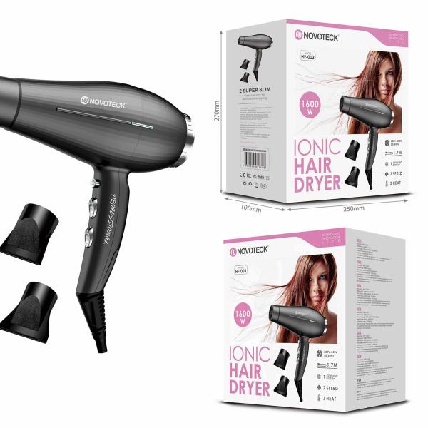 Secador de Cabelo HF-003 - 1600W, Tecnologia Iónica, 3 Temperaturas, 2 Velocidades, 2 Bicos Concentradores