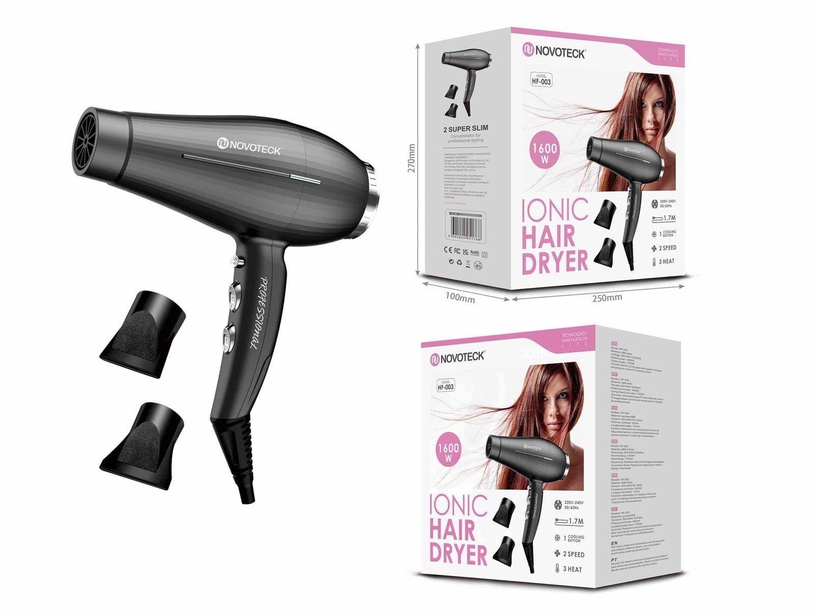 Secador de Cabelo HF-003 - 1600W, Tecnologia Iónica, 3 Temperaturas, 2 Velocidades, 2 Bicos Concentradores