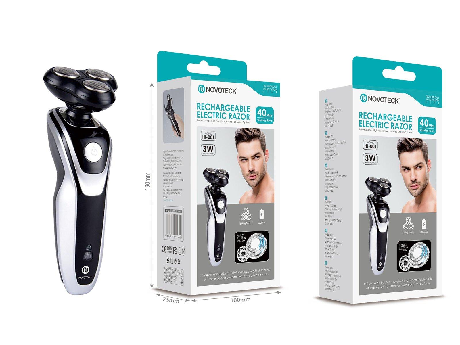 Máquina de Barbear Elétrica Recarregável HI-001 - 3 Lâminas Rotativas, 40 Minutos de Uso, Portátil e Eficaz