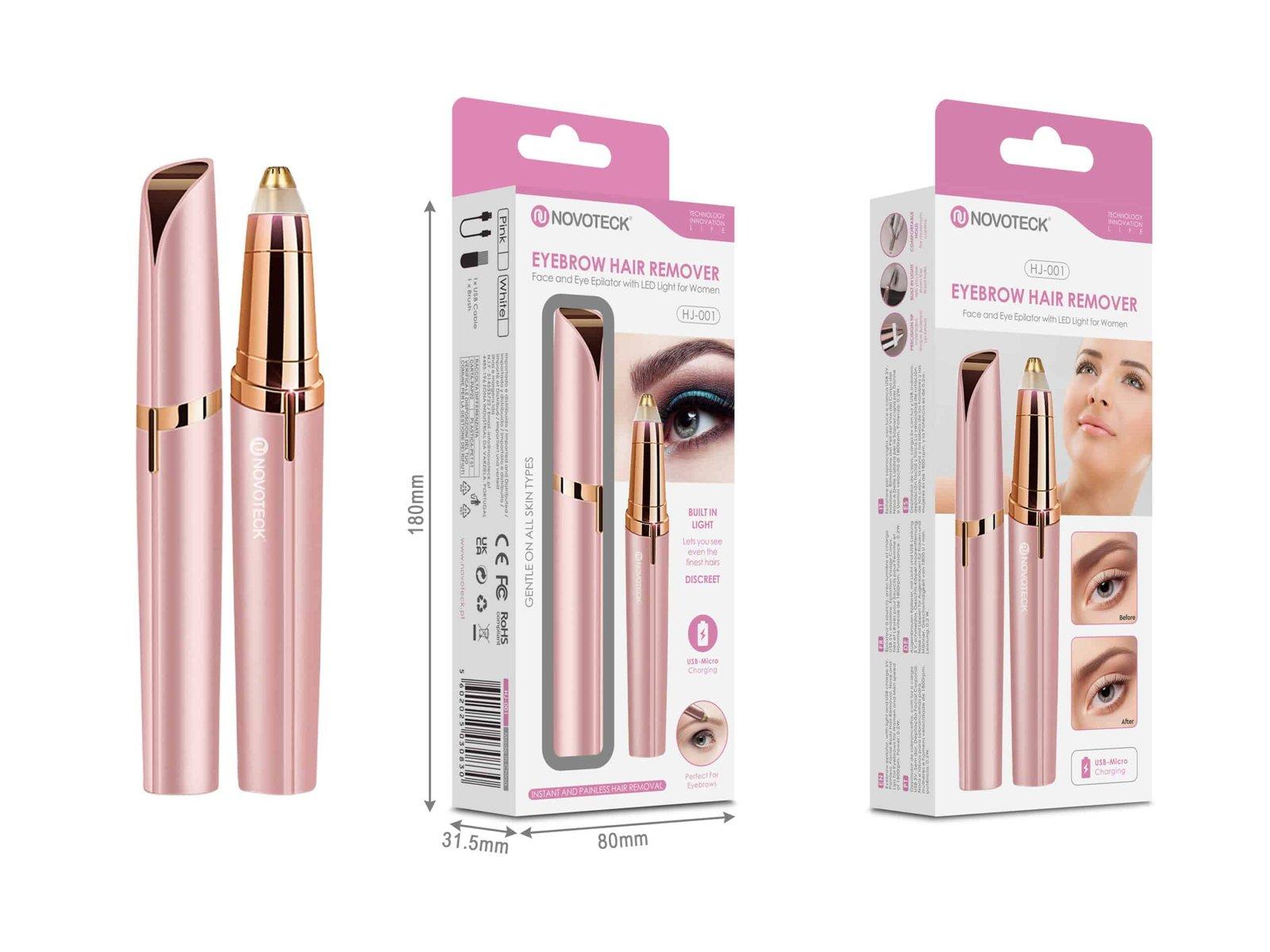 Removedor de Pêlos Faciais Rosa Novoteck HJ-001 – Recarregável USB, Com Luz LED, Discreto e Indolor, Ideal para Sobrancelhas