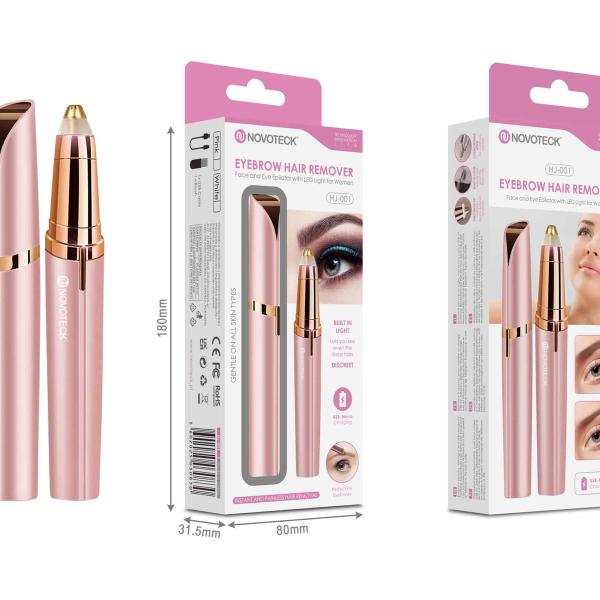 Removedor de Pêlos Faciais Rosa Novoteck HJ-001 – Recarregável USB, Com Luz LED, Discreto e Indolor, Ideal para Sobrancelhas
