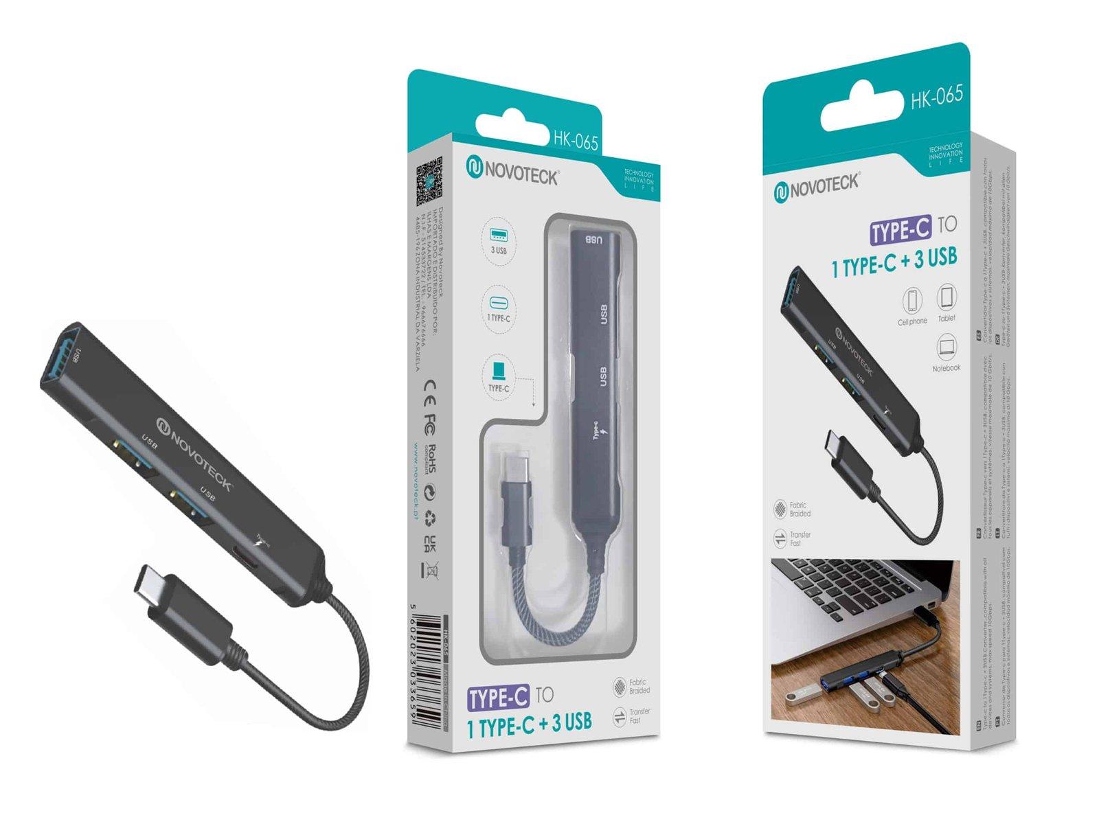 Hub Multifuncional NOVOTECK Tipo-C - 1 Porta Tipo-C e 3 Portas USB HK-065