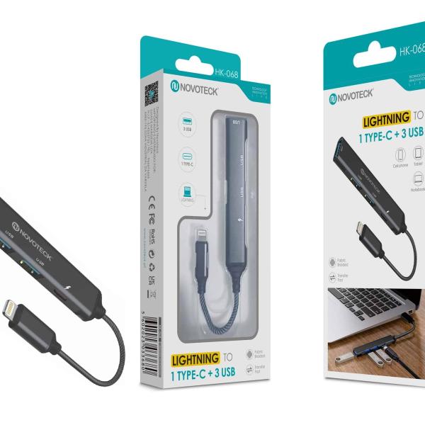 Hub NOVOTECK Lightning - Expansão para 1 Tipo-C e 3 USB HK-068