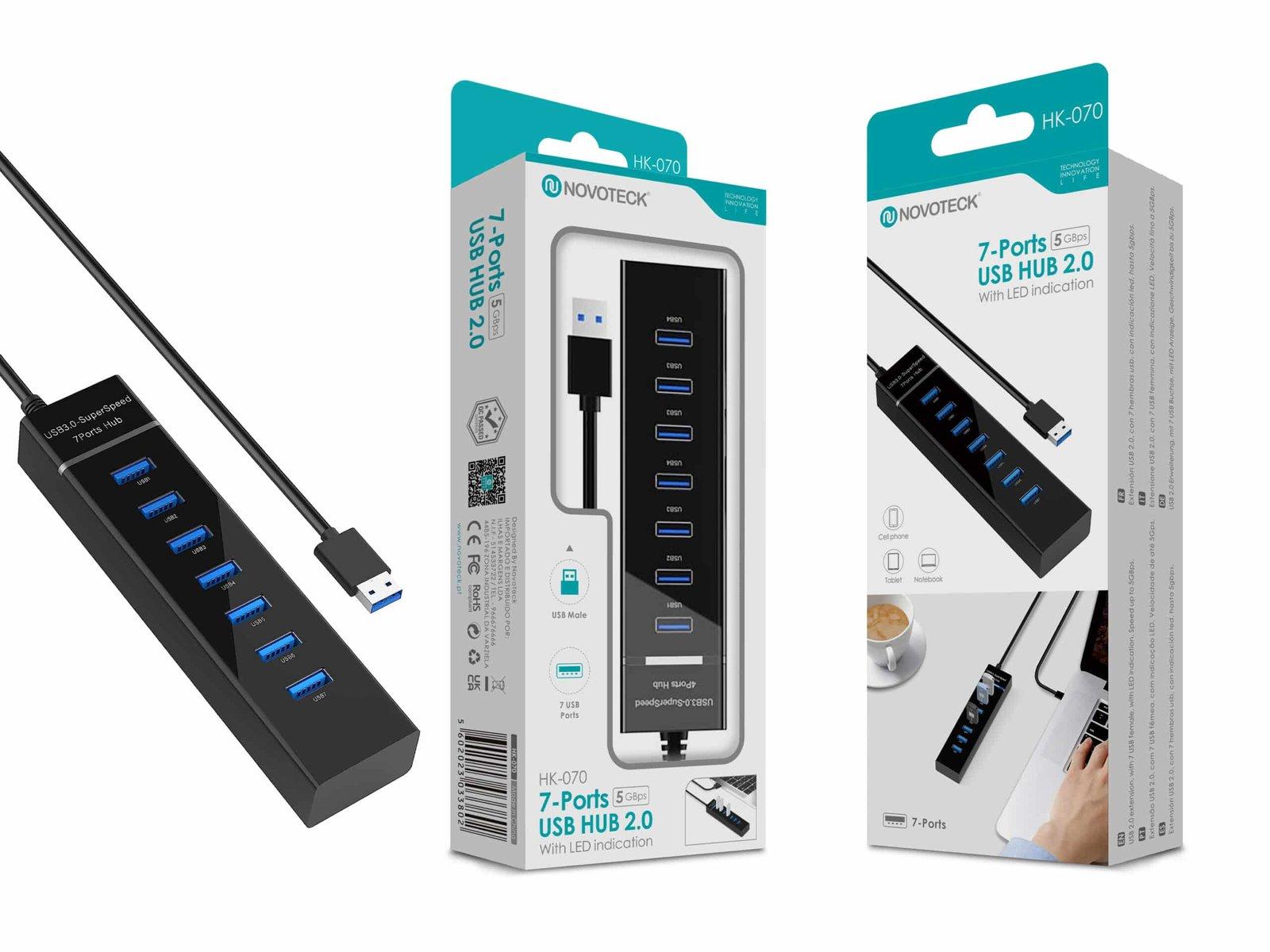 Hub USB 2.0 de 7 Portas NOVOTECK - Expansão de Alta Capacidade com Indicação LED HK-070