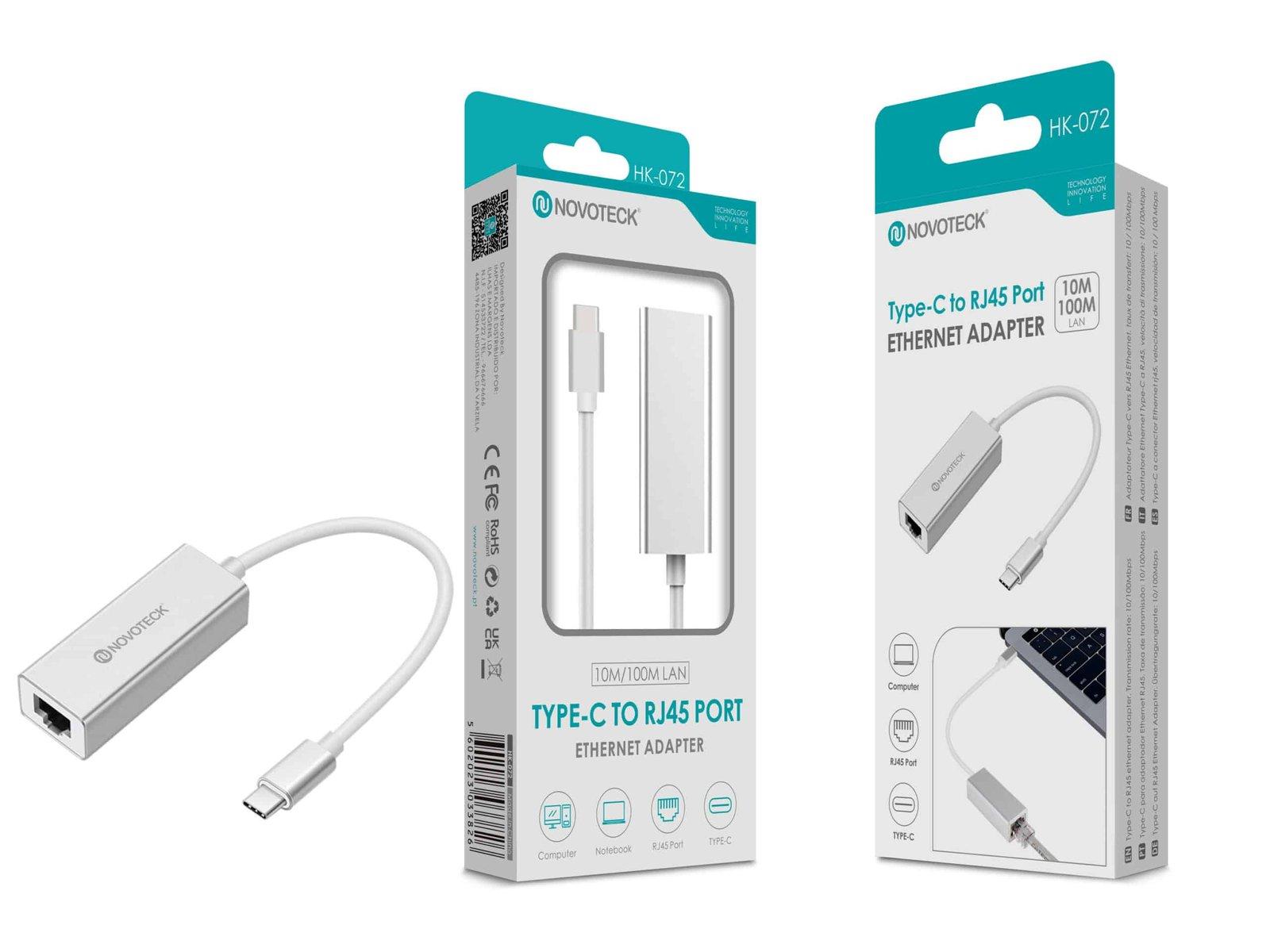 Adaptador Ethernet NOVOTECK Tipo-C para RJ45 - Conexão de Rede 10/100M, Modelo HK-072