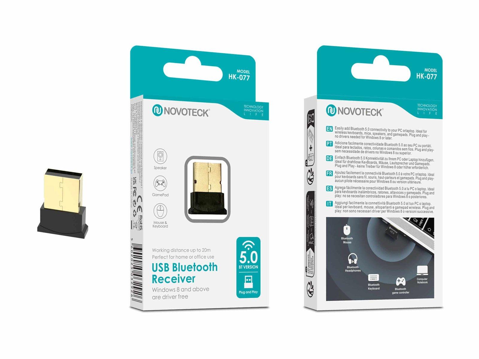 Adaptador USB Bluetooth 5.0 Novoteck HK-077 – Conexão Sem Fios para PC e Portátil, Alcance até 20m, Plug & Play