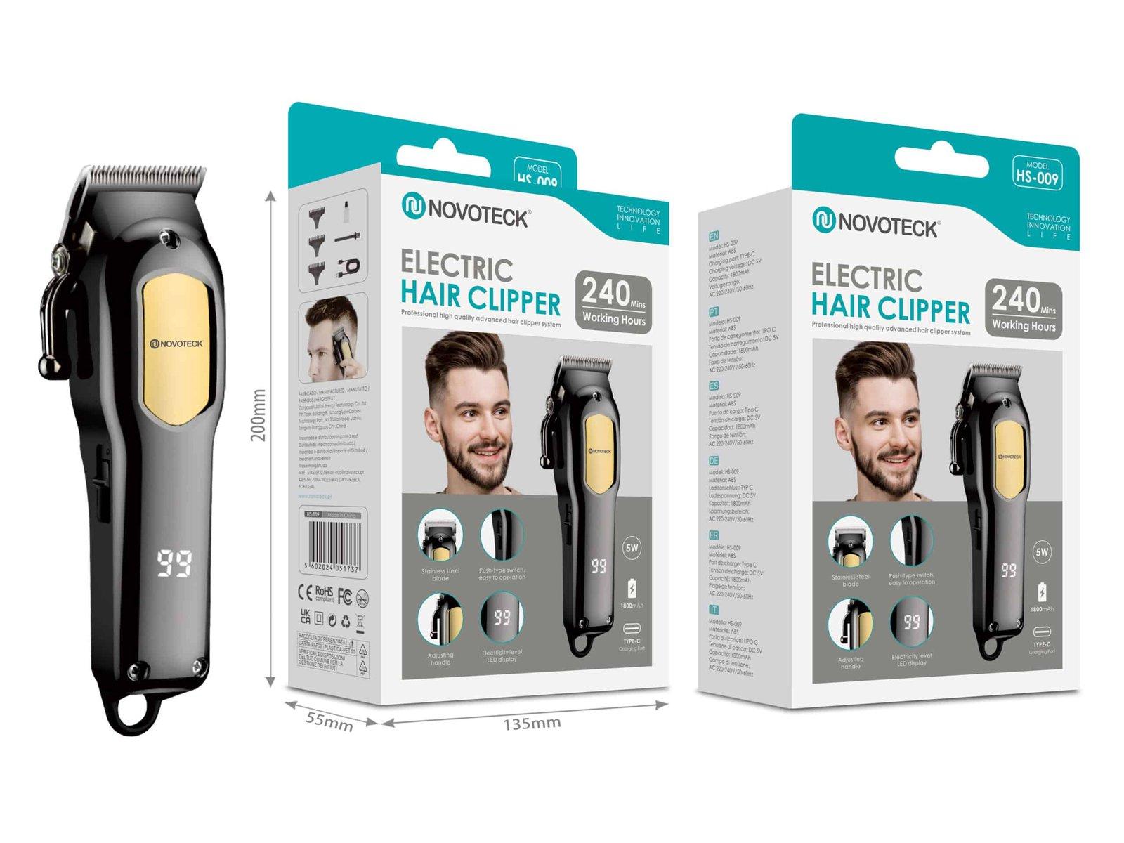 Máquina de Cortar Cabelo HS-009 - Profissional, Lâminas em Aço Inoxidável, Display LED