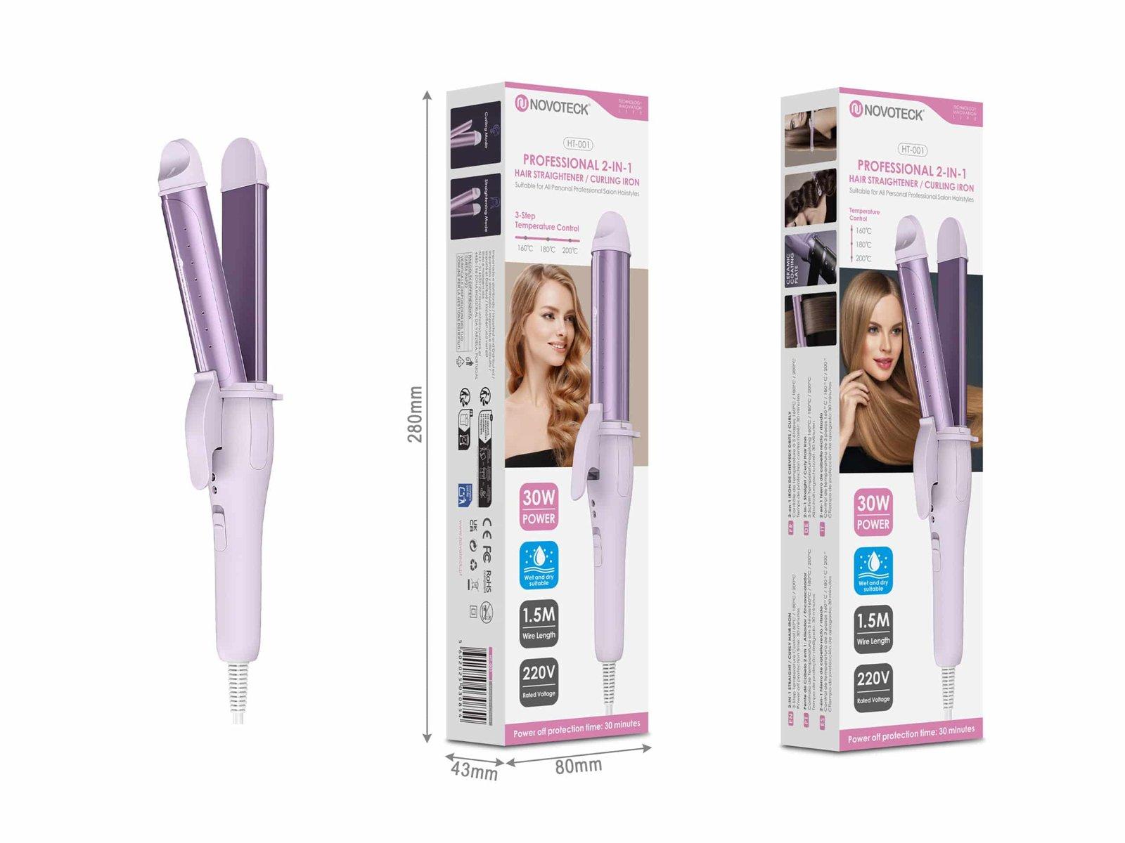 Modelador de Cabelo 2 em 1 Novoteck HT-001 – Alisador e Modelador Profissional, 3 Níveis de Temperatura, 30W, 220V