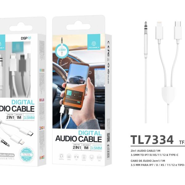 Lightning E Type-C Para 3.5Mm Cabo De Audio 1M Branco