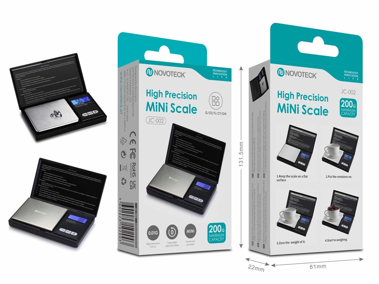 Balança Digital de Alta Precisão Novoteck JC-002 - Capacidade de 200 g x 0,01 g, Compacta e Portátil