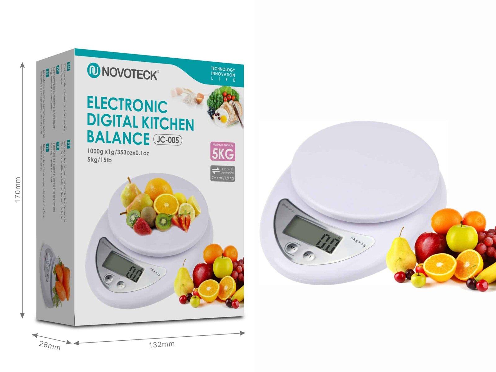 Balança Digital de Cozinha Novoteck JC-005 – Design Moderno, Capacidade 5kg, Função Tara, Display de Fácil Leitura